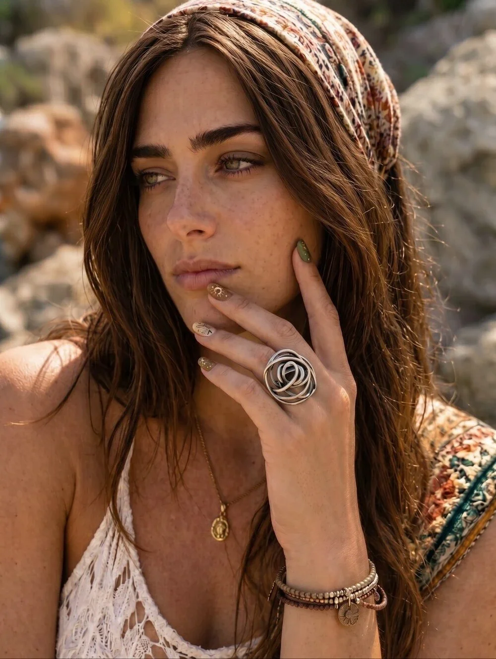 Turkish Zamak Rose Ring Large Statement Adjustable Boho Western Antiqued Silver